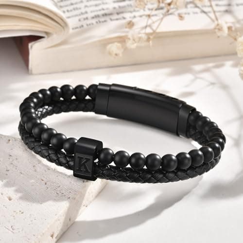 Initial Bracelet for Men Letter Handmade Natural Agate Stone Beaded Braided Black Leather Adjustable Cuff Meaningful Bracelets , Jewelry Gifts, Father's Day Gifts Matching Couple, 7.5-8.3 Inches - Thumbnail 4