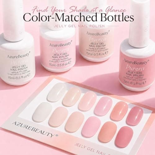 AZUREBEAUTY 6 Colors 15ml HEMA Free Jelly Purera Gel Nail Polish Set, Same Color Bottles, Soak Off UV LED Gel Polish Kit Nail Art for DIY at Home Manicure Salon Gifts, Milky White Pink Neutral Sheer - Thumbnail 4