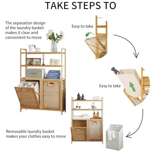 Baveke Bamboo Laundry Hamper with Shelf - 3-Tier Tilt Out Dirty Clothes Basket Organizer, FSC-Certified Moisture Resistant Storage for Bathroom, Bedroom, Laundry Room (Natural, 2 Bags) - Thumbnail 3