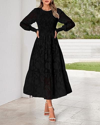 BTFBM Wedding Guest Dresses for Women Fall Fashion 2025 Casual Long Sleeve Floral Maxi Boho Homecoming Dress(Black,Large) - Thumbnail 3