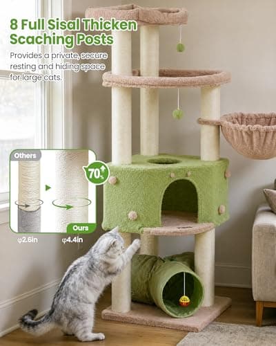 Cat Tree Tower for Large Cats Adult - 60 Inch XXL Sturdy Heavy Duty Extra Wide Scratching Posts (φ4.4in) Condo - Indoor Big Cat House Hammock Perch - XL Wood Multi Level Feline Pet Bed Trees Houses - Thumbnail 5