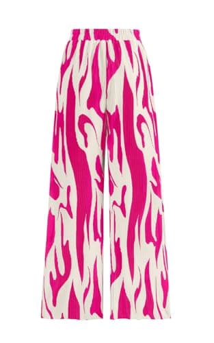 PRETTYGARDEN Graphic Print Palazzo Pants for Women High Waisted Wide Leg Pants Casual Flowy Pajama Pants Women (Rose Red on Beige, Medium) - Image 1