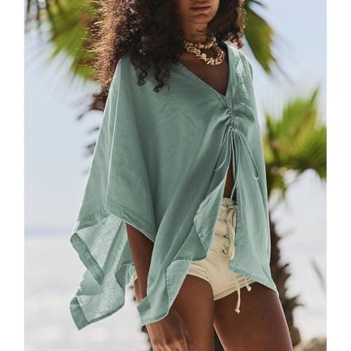 Ainangua Womens Sheer Poncho Beach Tops Casual Split Sleeve Drawstring Cover Up Versatile Flowy Cape Shawl Vacation Outfits(Cyan,M) - Thumbnail 5