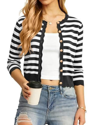 Biodeer Spring Summer 2026 Women's Scalloped Knit Cardigan Sweaters 3/4 Sleeve Crop Crewneck Button Down Shrug - Image 1