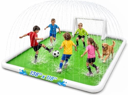 EPN Splash Pad for Kids, 138" x 118" Extra Large Sprinkler Mat with Soccer Goal & Ball, Non-Slip Thick PVC Water Play Mat, Outdoor Backyard Water Toys for Kids Ages 4-8 8-12, Lawn & Summer Fun - Image 1