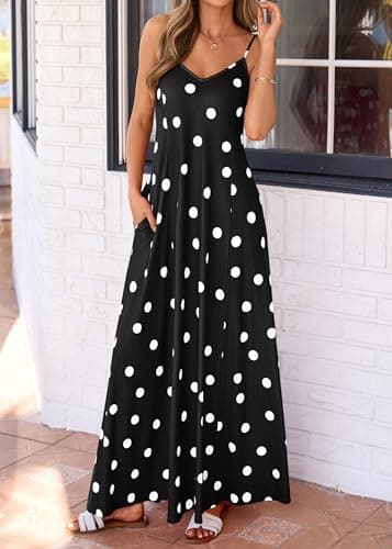 KIRUNDO Polka Dot Dress for Women Summer 2026 Sleeveless Spaghetti Strap Beach Vacation Cruise Boho Long Flowy Maxi Dresses(Black, XX-Large) - Thumbnail 5