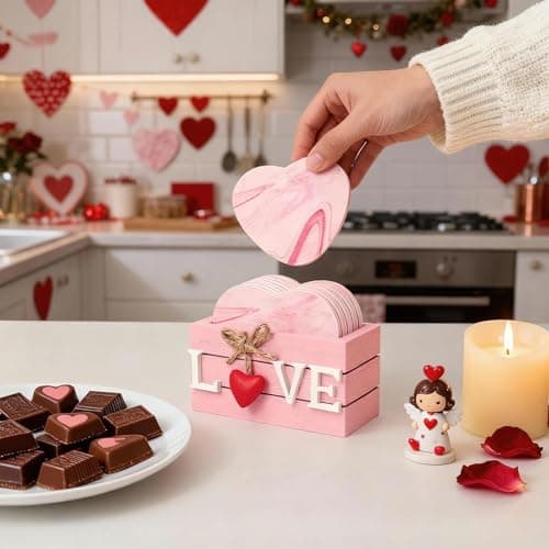 Heart Wooden Cup Coasters Set of 6, Cute Pink Drink Coaster with Holder for Home Table Office Desk, Birthday Gift Ideas for Wife and Girlfriends, Kawaii Pink Living Room Decor for Daughter - Thumbnail 3