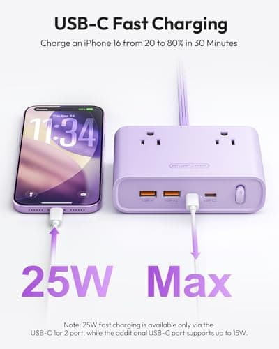 NTONPOWER Flat Plug Power Strip, Desktop Charging Station with 25W USB C Ports, Purple Extension Cord with 4 AC Outlets, 5ft Flat Extension Cord for Home Office, Dorm Room Essentials - Thumbnail 3