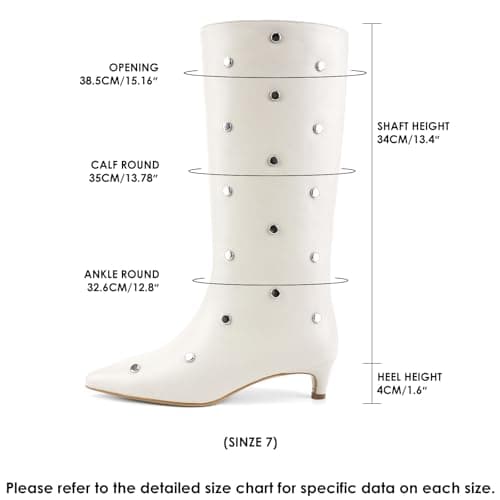 QIV White Studded Knee High Boots Women Pointed Toe Kitten Heel Mid Wide Calf Boots with Zipper Size 9 - Thumbnail 5