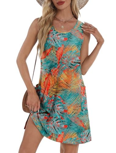 BKRIVE Summer Dresses for Women 2026 Hawaiian Dress Mini Sundresses Swing Tank Caribbean Dress with Pockets Floral Coconut Tree L - Image 1