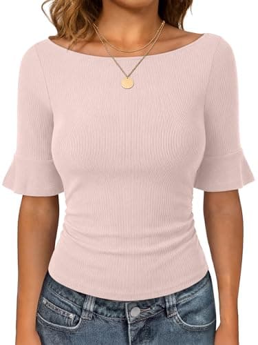 ANRABESS Womens Boat Neck Bell Short Sleeve Shirts Ruched Crop Dressy Work Blouse Business Casual Top 2026 Spring Clothing Apricot Large - Image 1