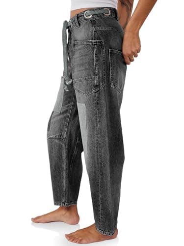PLNOTME Womens Baggy Barrel Horseshoe Jeans Wide Leg Patchwork Low Rise Denim Pants with Pockets Grey - Thumbnail 4