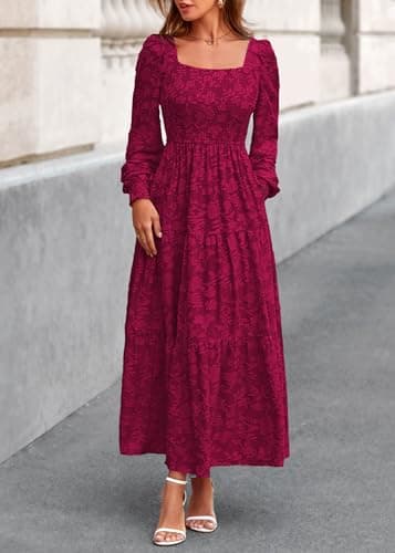 KIRUNDO Wedding Guest Dresses for Women 2026 Fall Long Sleeve Smocked Floral Flowy Spring Baby Shower Maxi Dress Pockets (Burgundy, Medium) - Thumbnail 5