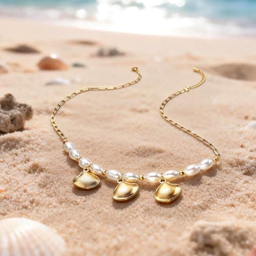Seashell Necklace for Women: 3-Piece Boho Pendant with 10 Simulated Pearls, 14K Gold Plated on Stainless Steel Chain | Cute Beach Jewelry Gift for Summer (Gold) - Thumbnail 4