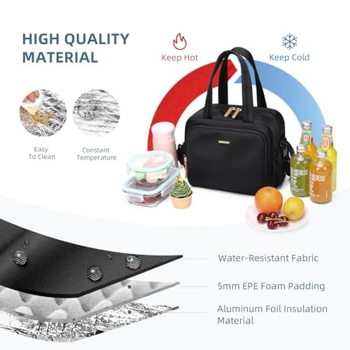 GOLF QUALITY Insulated Lunch Bags for Women,Lightweight Puffy Padded Waterproof Lunch Tote,Reusable Lunch Cooler Bag for Work Picnic Travel,Black - Thumbnail 5