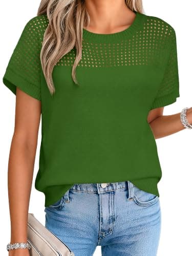 Anbech Summer Sweater Knit Shirt Green Crochet Top Hollow Out Tops for Women Beach Vacation Clothes Green, M