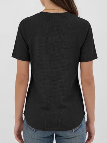 ANRABESS Women Waffle Knit Tops Short Sleeve Henley Shirts Dressy Casual Blouse 2026 Spring Fashion Outfits Trendy Clothes Black X-Large - Thumbnail 6