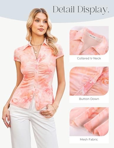 GRACE KARIN Women Mesh Boho Tops Dressy Casual Floral Short Sleeve Button Down Blouse Collared Outfit Pink Orange Medium - Thumbnail 5