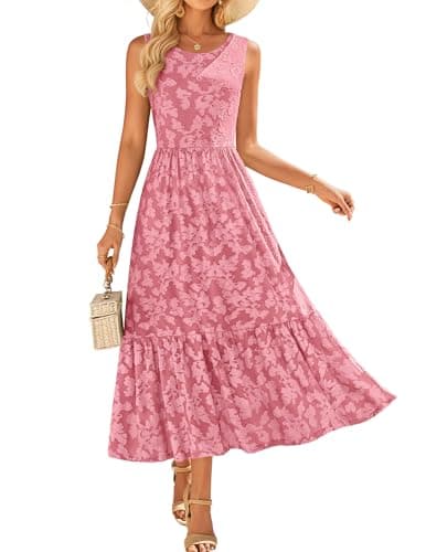ZESICA Women‘s Summer Floral Bridal Shower Midi Dress Sun Dresses for Women 2026 Vacation Casual Flowy Sundress Pink L - Image 1