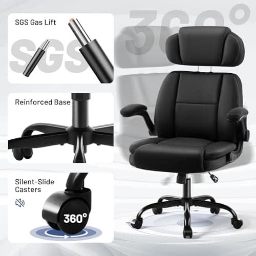 AreShark Ergonomic Office Chair with Lumbar Support, 400lbs Heavy Duty Big and Tall Executive Desk Chair, PU Leather High Back Computer Chair with Flip-Up Arms & Adjustable Headrest, Black - Thumbnail 6