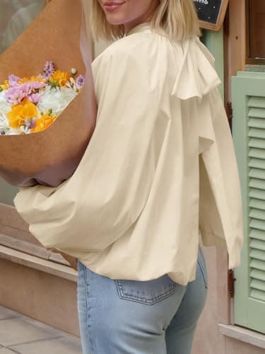 Tankaneo Womens Babydoll Tops Puff Long Sleeve Open Back Bow Tie Blouses Bubble Mock Neck Pleated Shirts Apricot - Thumbnail 3