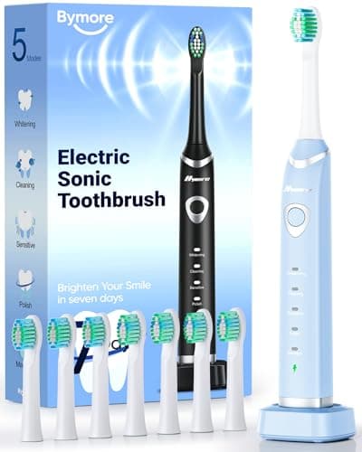 Bymore 8 Replacement Heads Electric Toothbrush for Kids, Ultra Clean Rechargeable Sonic Toothbrush Portable - Sky Blue