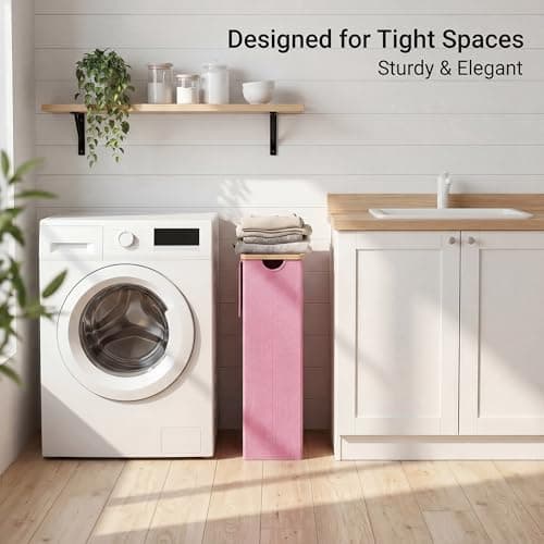 efluky Slim Laundry Basket with Lid, Narrow Laundry Hamper with Removable Bag, Skinny Dirty Clothes Basket with Bamboo Handles for Bathroom, Bedroom & Laundry Room, 75L Pink - Thumbnail 3