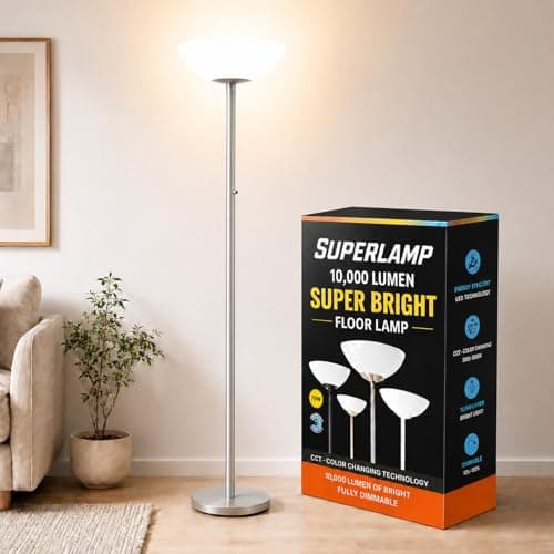 Modern Floor Superlamp 10000 Lumen - LED 75W, Dimmable 5 Changing Color, 85 CRI All Around Light, Tall Corner Standing Lamp with Cement Base and Acrylic Shade, Glare Free UpLight Kit Ready - Silver - Image 1
