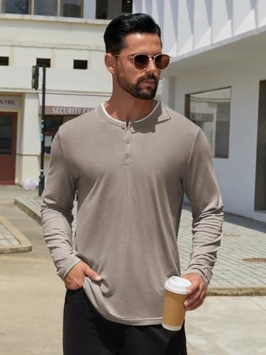 Hardaddy Men's Long Sleeve Henley Shirts Casual Color Block Henley Button T-Shirt Tops Light Khaki M - Thumbnail 3