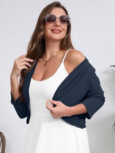 AusLook Plus Size Women Bolero Shrugs 3/4 Sleeve Navy Blue 4X Open Front Knit Lightweight Coat Cropped Tops Shawls and Wraps Cardigan Dressy Sweater Clothes - Thumbnail 3