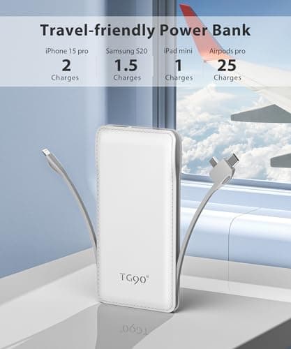 TG90° 10000mAh Power Bank Built-in Cables, Pocket Size USB C Portable Charger, 3A Fast Charging External Battery Pack, Travel Essential Phone Powerbank Compatible with iPhone Samsung iPad White - Thumbnail 5