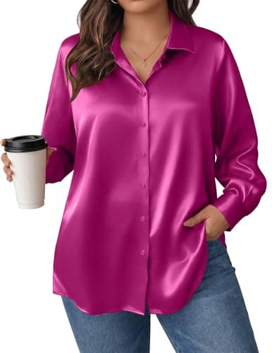 IN'VOLAND Plus Size Women Satin Silk Button Down Shirt Long Sleeve Tops - Image 1