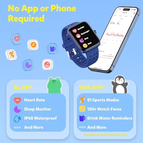 Gydom Smart Watch for Kids, Without/with APP Mode, 1.83" Touchscreen Fitness Tracker Watch, Heart Rate/Sleep Monitor, IP68 Waterproof Pedometer, Puzzle Games for Girls Boys Teens 5-16, 81 Sport Mode - Thumbnail 2