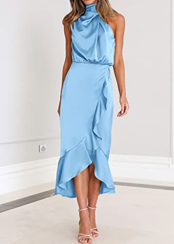 KIRUNDO Women 2026 Spring Summer Satin Mock Neck Wedding Guest Party Cocktail Midi Dress Sleeveless Wrap Ruffle Formal Dress(Light Blue, XX-Large) - Thumbnail 3