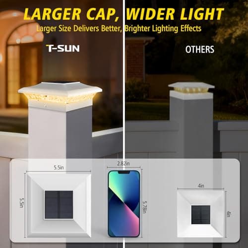 T-SUN 4x4 Post Cap Lights 6 Pack for Vinyl/Wooden Fence,Outdoor Waterproof Warm & Cool White, Deck Solar Post Lights for Patio Garden Yard Lighting - Thumbnail 3