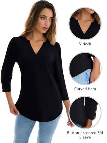 NORACORA Blouses for Women Dressy Casual 3/4 Length Sleeve Womens Tops V Neck Loose Fit T Shirts Beach Vacation Spring Summer Fall Shirts Black XXL - Thumbnail 6