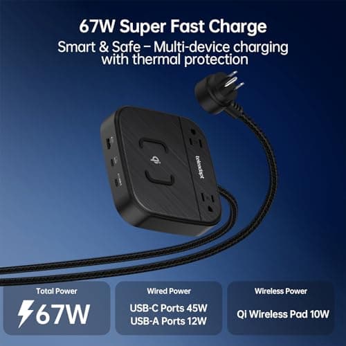 Teleadapt GaN Multi Charging Station 67W, 6 in 1 iphone Charger Station with USB Ports, 2AC Outlets, 1 USB A & 2 USB C Ports, Desktop Nightstand Power Station for iPhone14/13/12/Samsung/Android, Black - Thumbnail 3