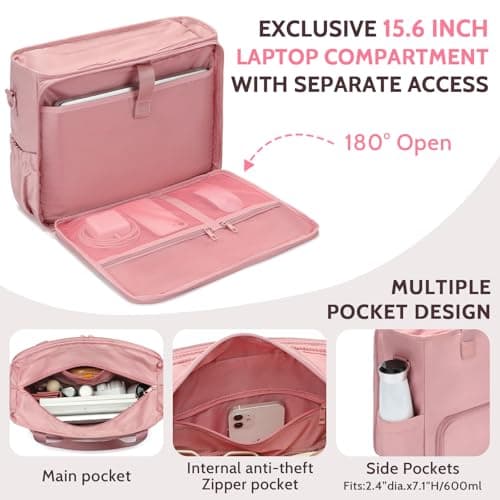 Lunch Tote Bag for Women with 15.6" Laptop Compartment, Work Tote Bag with Insulated Lunch Compartment, Large Casual Canvas Handbag Luncg Bags for Nurse, Teacher, Office, Travel, Beach, Pink - Thumbnail 3