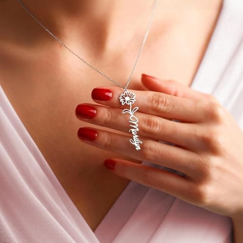 coobopet Custom Name Necklace with Birth Flower Customized 14K Gold Name Plate Floral Pendant Necklaces Personalized Jewelry Bridesmaids Wedding Christmas Birthday Gift for Women - Thumbnail 3