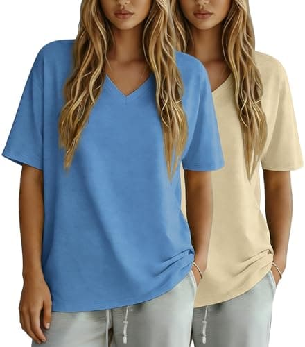 OPCAKM Oversized Workout Tops for Women 2 Pack V Neck Casual T Shirts Summer Short Sleeve Loose Basic Tees(BlueApricot-XL) - Image 1