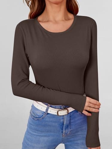 ANRABESS Women's Long Sleeve Shirts Top Built in Bra,Coffee,M - Thumbnail 2
