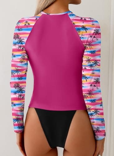 Dokotoo Women's Zip Front Rash Guard Long Sleeve Swimwear Top High Stretch Quick Dry Athletic Swim Shirt Hot Pink Small - Thumbnail 5