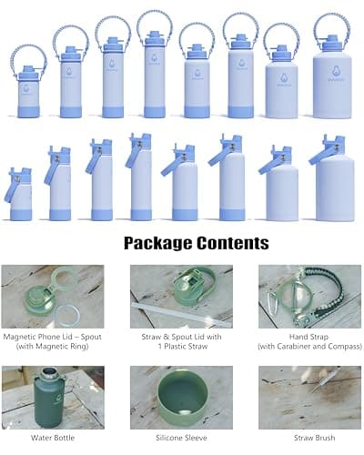 avodvo 12 oz Insulated Water Bottle with 2 Lids (2-in-1 Straw & Spout Lid, Magnetic Lid), Kids Water Bottle with Strap, Kids Stainless Steel Water Bottle for School, PA-Free, Light Blue - Thumbnail 2