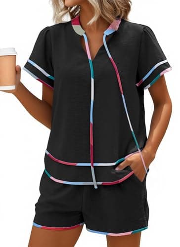 ECOWISH Women's 2 Piece Lounge Set Shorts Outfit, V-Neck Babydoll Top with Pocket Shorts Tracksuits For Beach Vacation Holiday Black S - Image 1