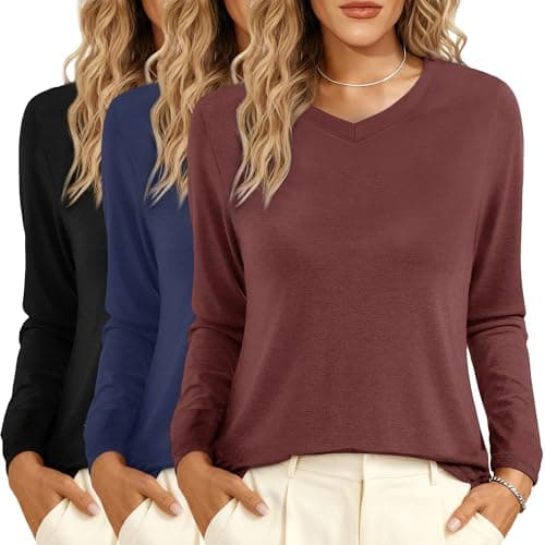 GAYHAY Womens Long Sleeve T Shirts V Neck 3 Pack Basic Tee Thick Casual Soft Loose Fit Layering Tops Ladies Warm Fall Outfits 2025 Black Burgundy Navy Blue - Image 1