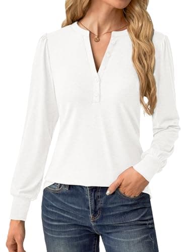 GKBK Women's Puff Long Sleeve Tunic V Neck Button Blouses Fall Tops Trendy Dressy Casual Business Henley Shirts White M - Thumbnail 5
