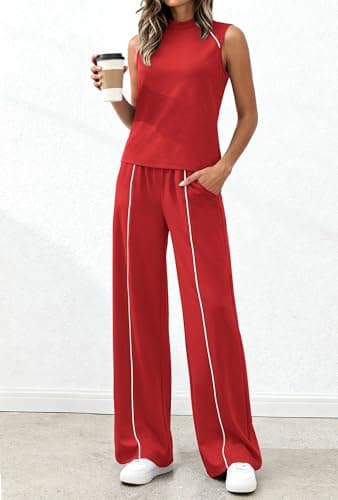 BTFBM Womens 2 Piece Lounge Set 2026 Striped Travel Outfits Sweatsuit Mock Neck Tank Top Wide Leg Pants Casual Activewear(Red, Large) - Thumbnail 4