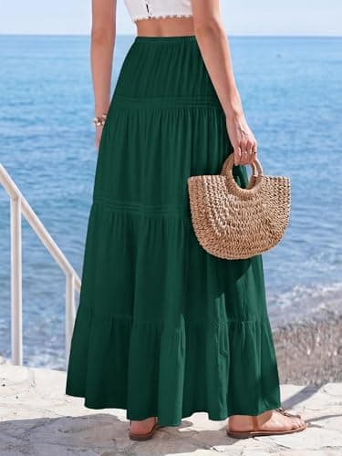 BTFBM Spring Skirts for Women 2026 Summer Boho Beach Vacation Clothes Casual Pleated High Waisted Flowy Maxi Skirt(Green, Small) - Thumbnail 3