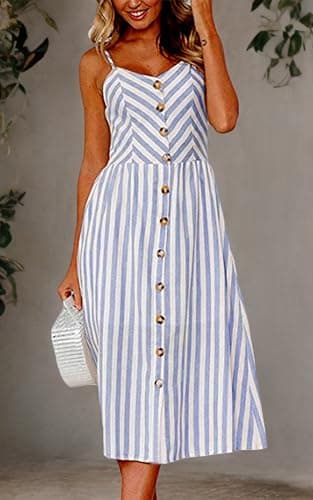 Angashion Women's Dresses-Summer Floral Bohemian Spaghetti Strap Button Down Swing Midi Dress 0895 Blue 2XL - Thumbnail 5