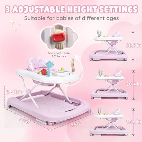 Baby Walker with Wheels, 5-in-1 Foldable Push Walker for Baby Girls 6-12 Months, Baby Walker & Bouncer Combo, Adjustable Height, Music Light Infant Activity Center Bouncer Walker(Pink) - Thumbnail 6
